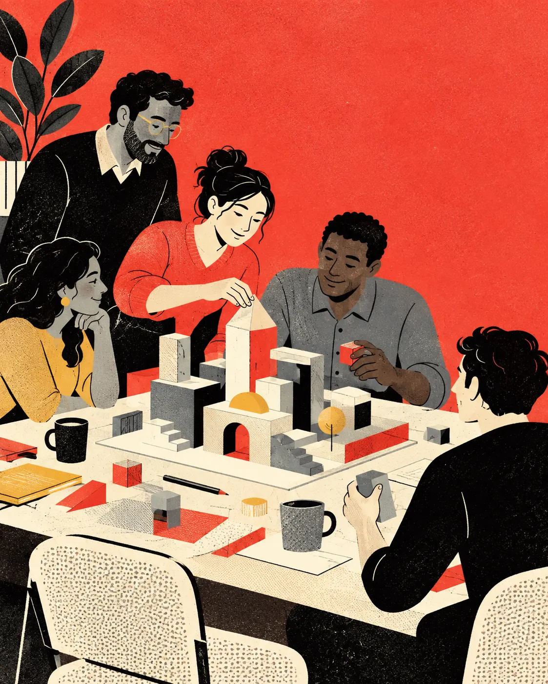 A diverse team makes room for another builder at a shared workbench.