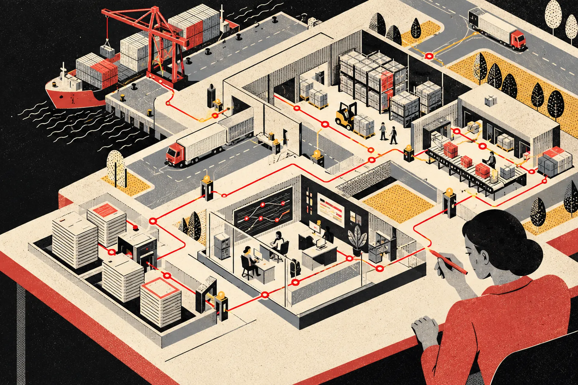 An operator traces a route from a port through a warehouse to an office, with checkpoints along the way.