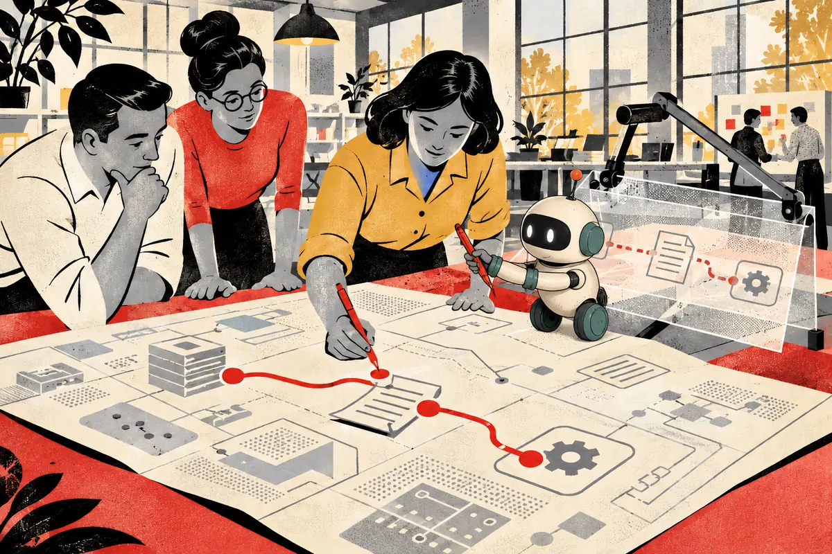 Three colleagues and a small robot map out a workflow on a shared table, one drawing the route in red pen.