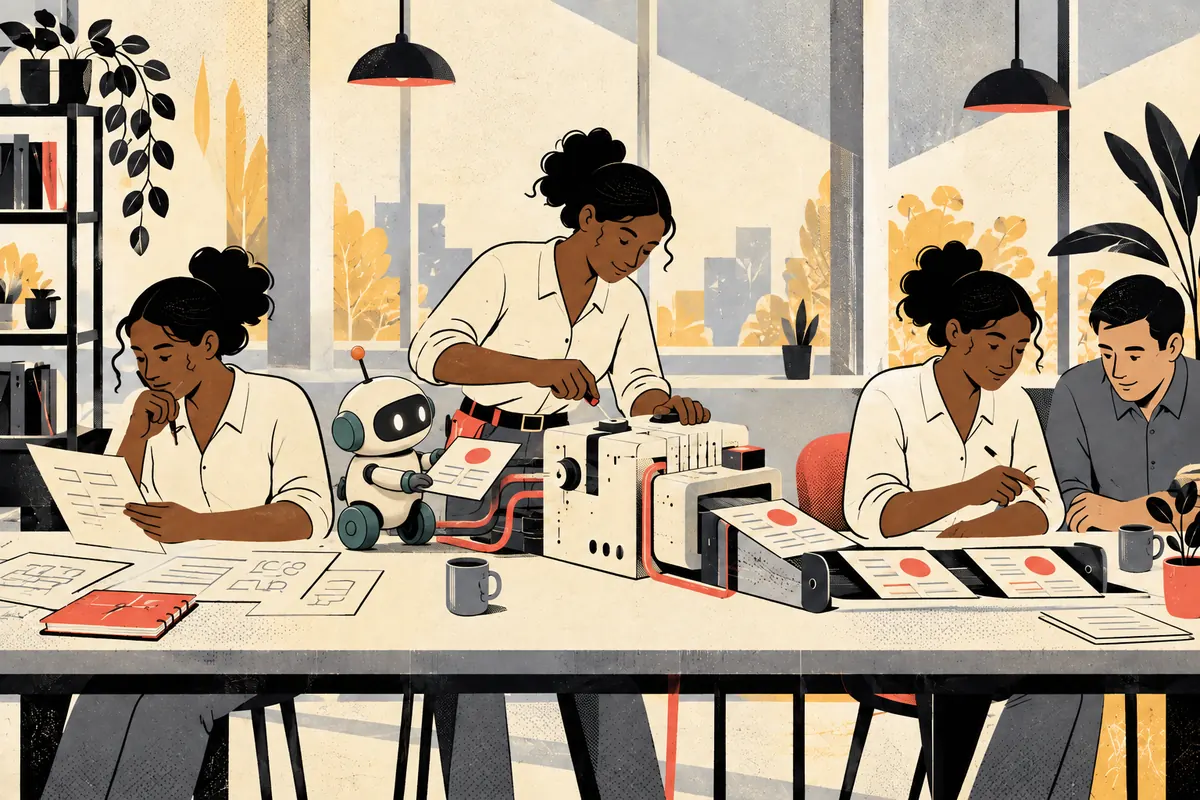 A machine works at the team's table, printing results that colleagues review.