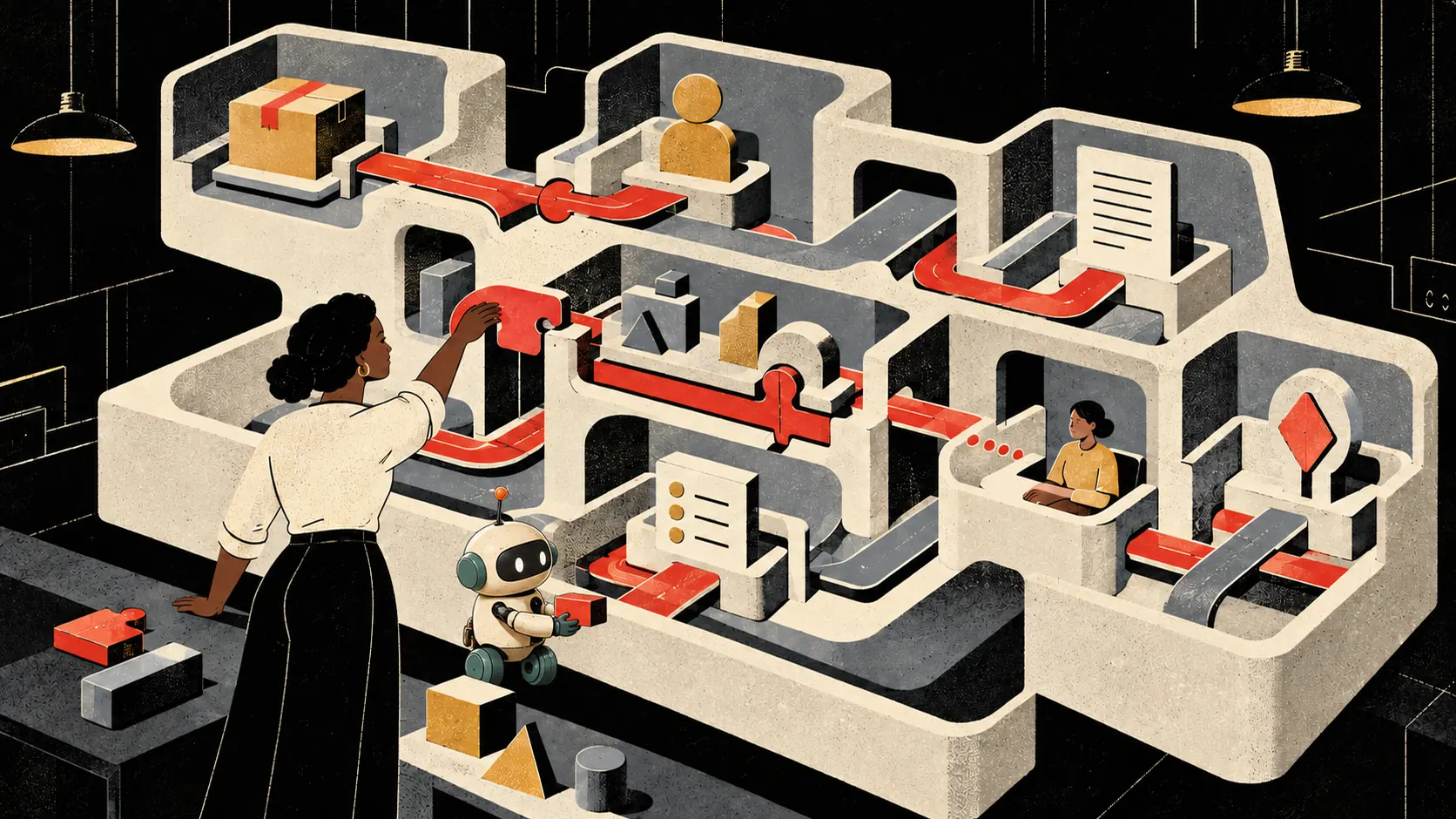 A person oversees connected entities, relationships, rules and steps.