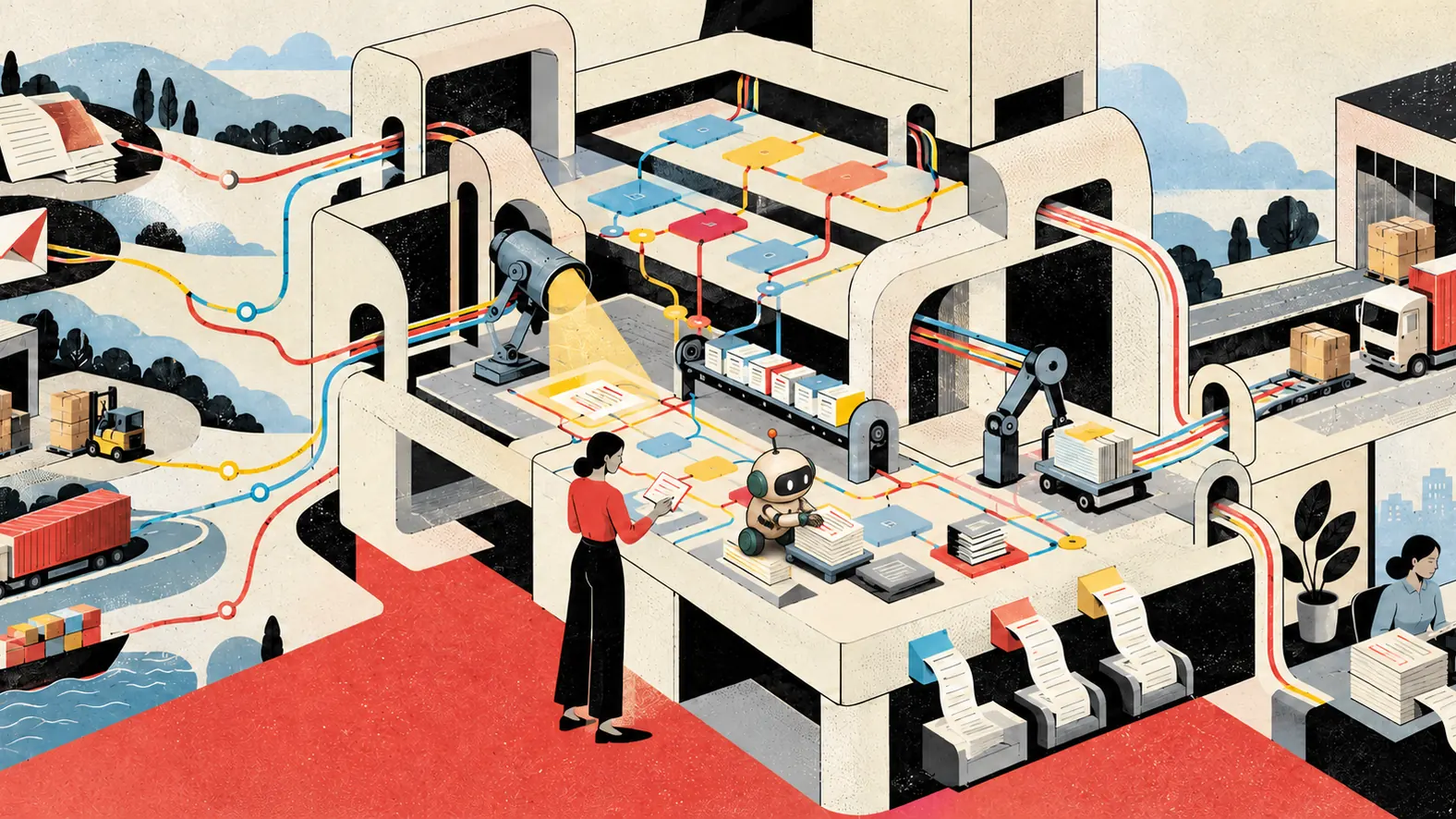 Records and operational work pass through a shared model under human direction.