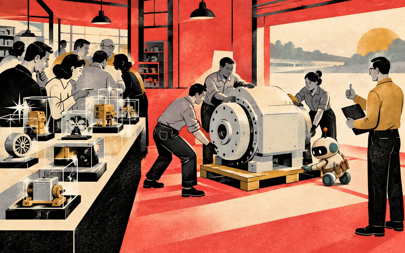 A team brings a finished working system into use beyond the demo display.