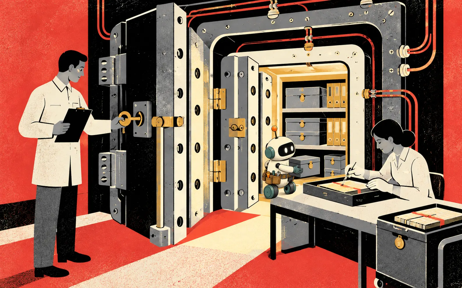 A man with a clipboard unlocks a bank vault of filed records while a small robot carries boxes inside and a woman checks paperwork at a desk.