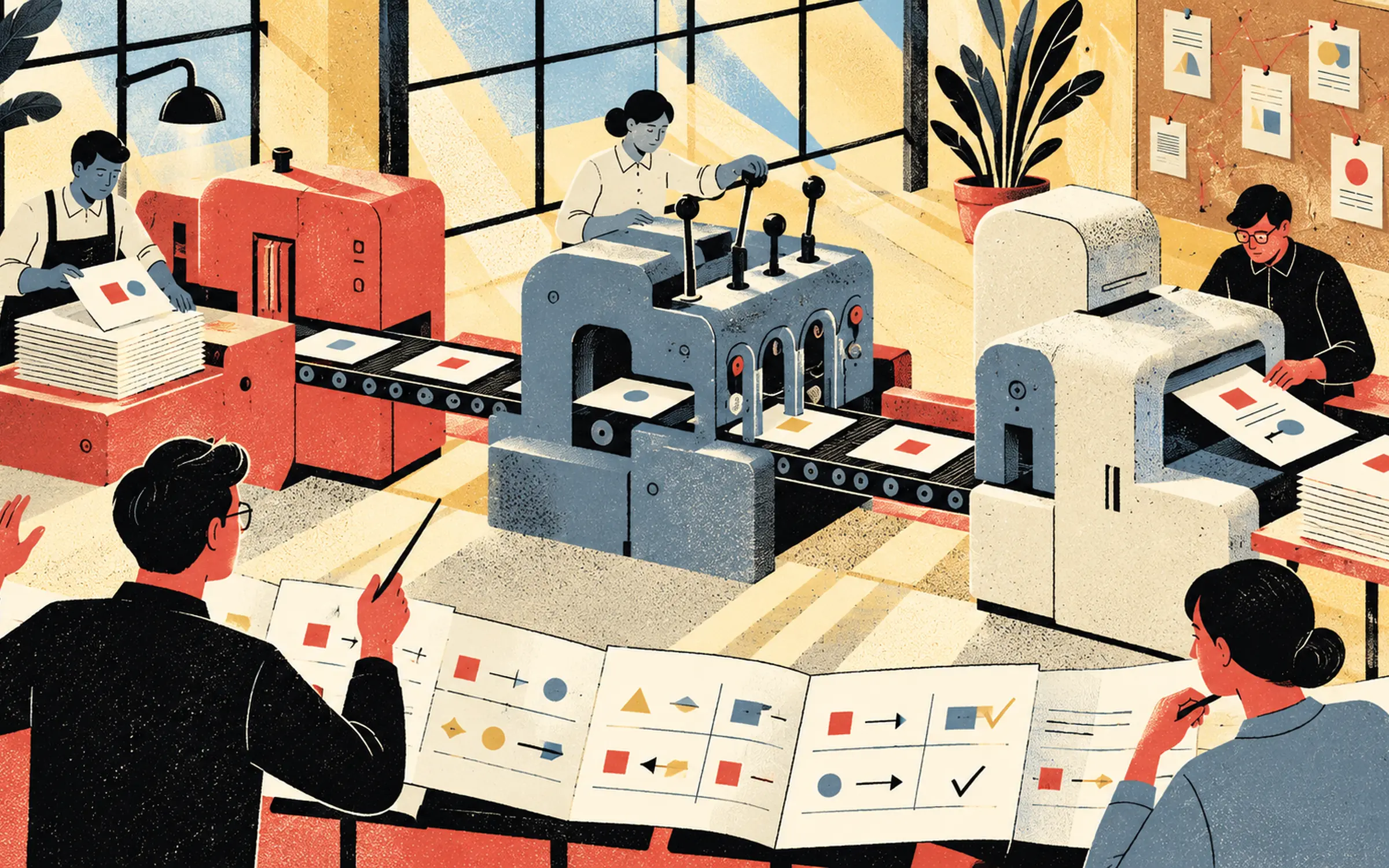 An office operations floor where people run documents through a line of machines, a small robot rides the conveyor, and two people in front check a long process sheet.