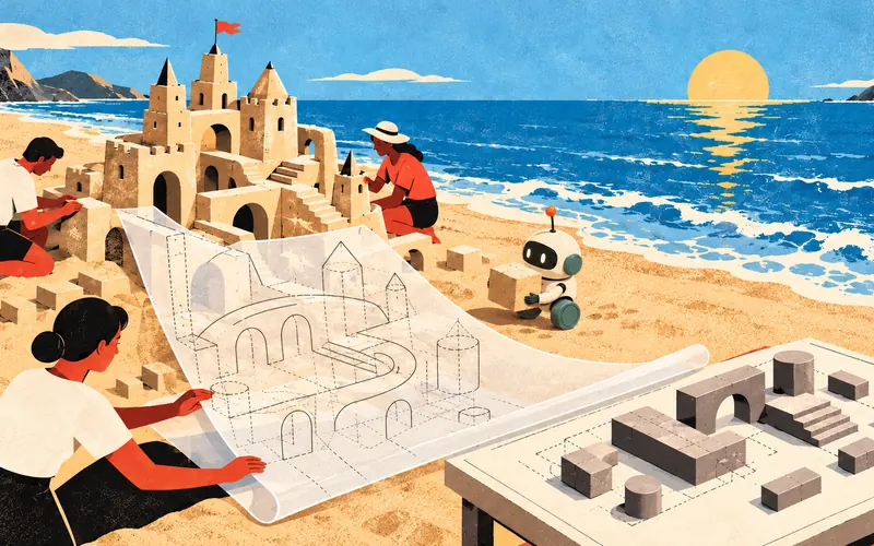 A team traces a reusable blueprint from a sandcastle before the tide arrives.