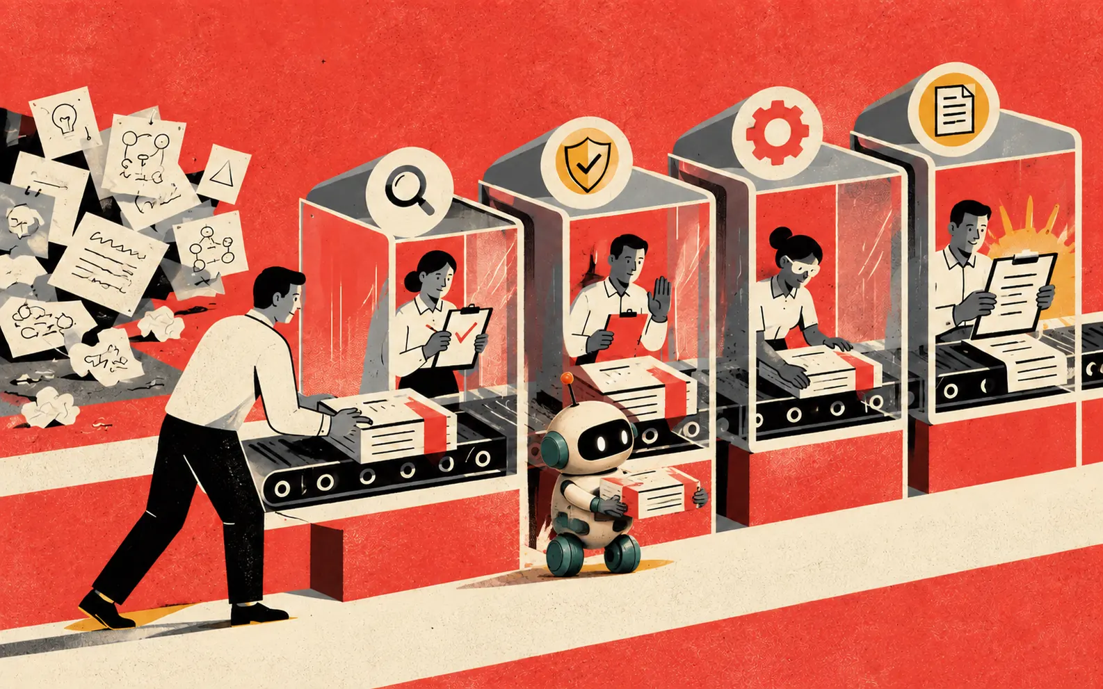 A man feeds a pile of loose paperwork onto a conveyor that runs through a row of glass booths, where people inspect, approve, and sign off each item while a small robot carries parcels alongside.