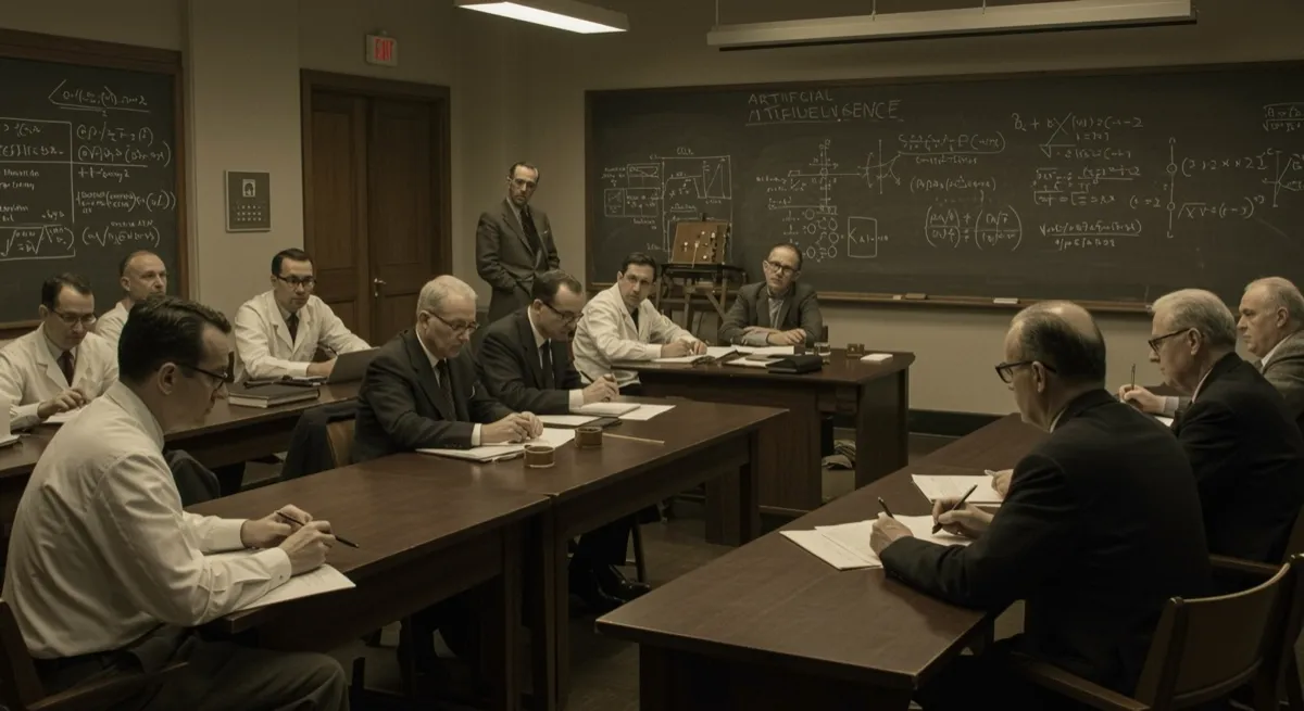 A stylized illustration recreating the 1956 Dartmouth workshop: researchers at seminar tables before a blackboard reading artificial intelligence