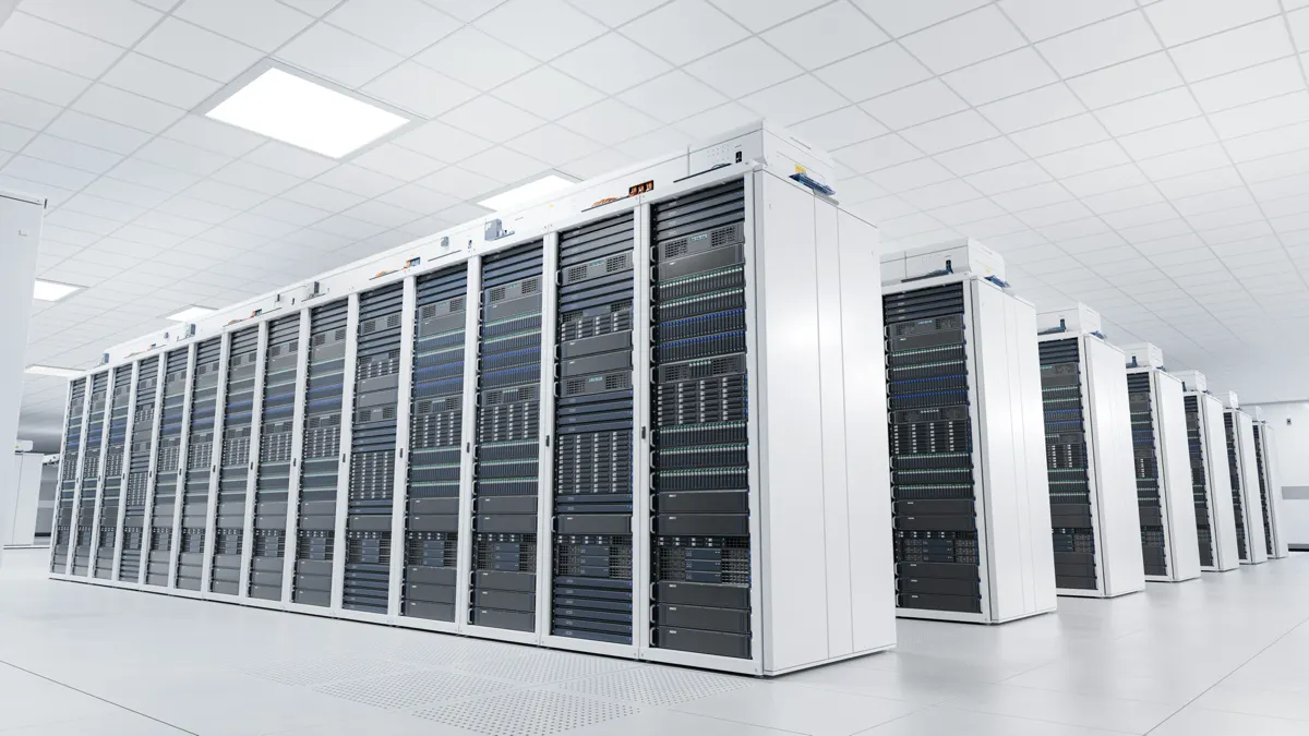 Rows of server racks in a clean, white data center