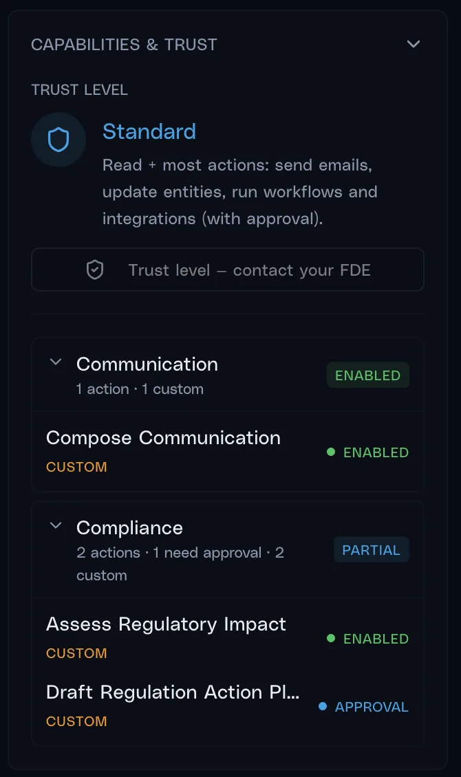 The Authentica capabilities and trust panel for one agent: a standard trust level, and each capability marked enabled, requiring approval, or off