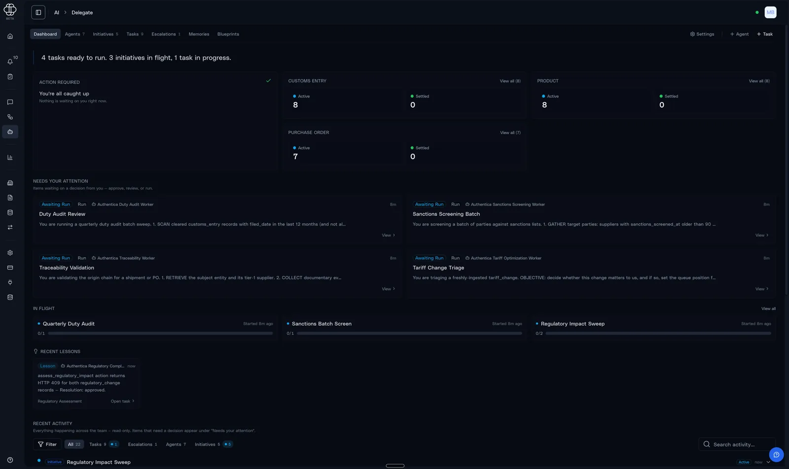 The Authentica Delegate dashboard: tasks awaiting your run, escalations that need a person, and initiatives in flight