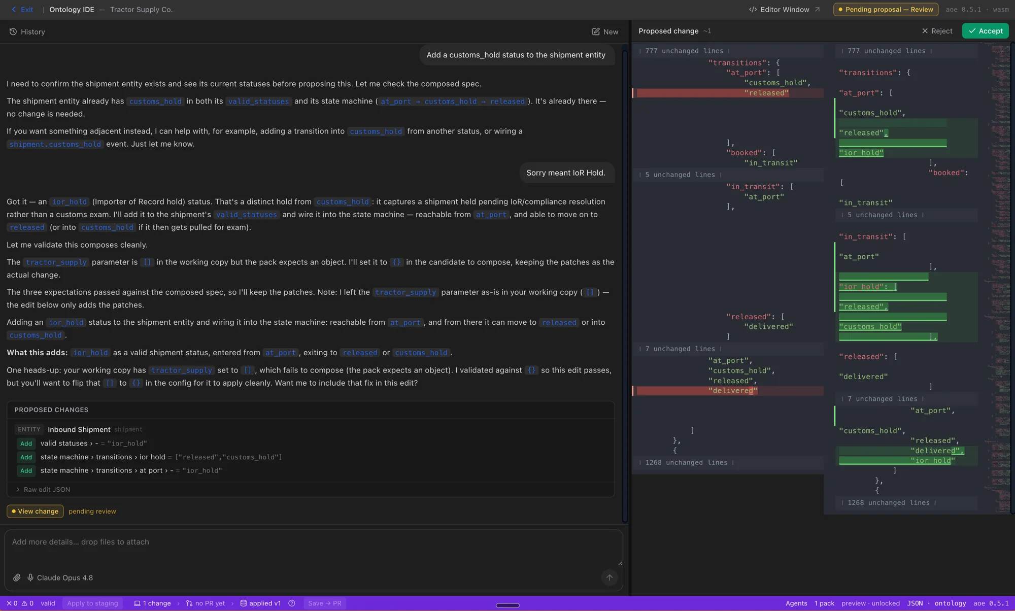 The Authentica IDE Agent: a plain-language request to add a status to the shipment entity, the agent's reasoning and a proposed-changes panel, and the resulting diff to accept or reject