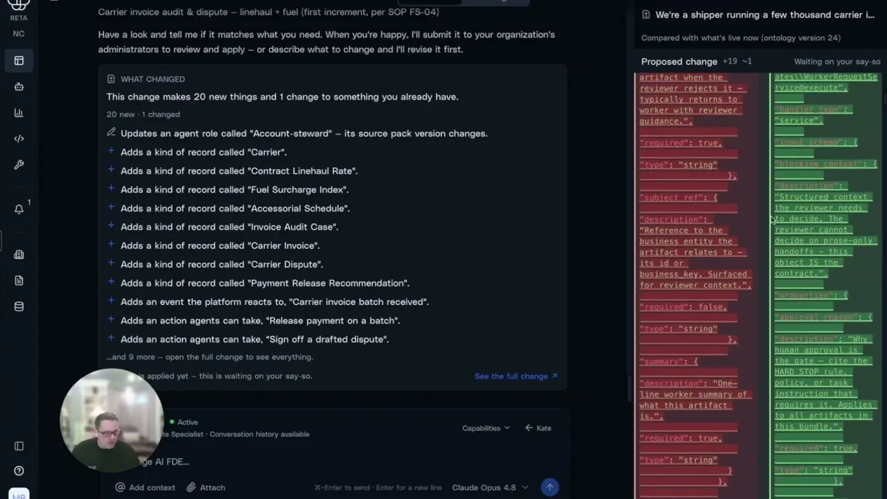 The Studio review screen mid-build: a proposed change listing twenty new records, events, and actions for the invoice audit workflow, with the ontology diff alongside it, waiting on human approval